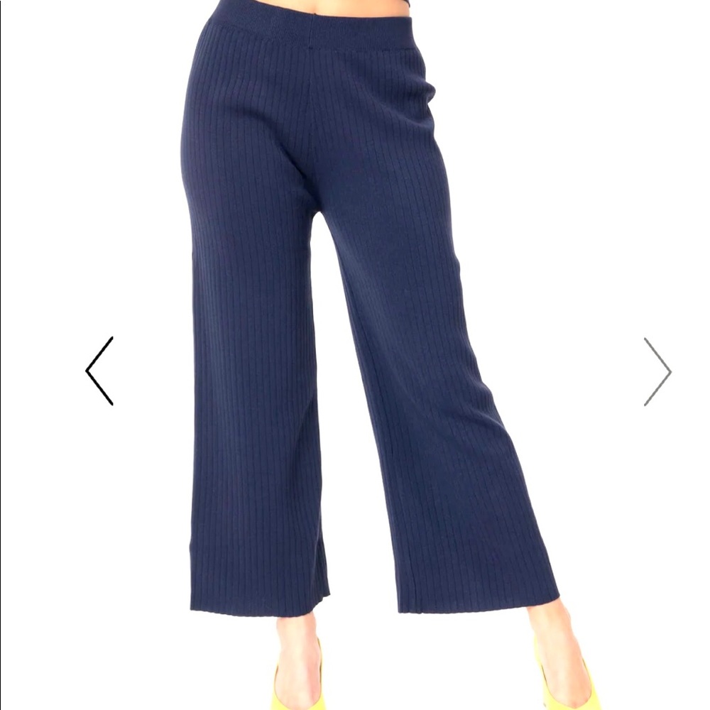 St. John Navy Ribbed Wide Leg Knit Pants